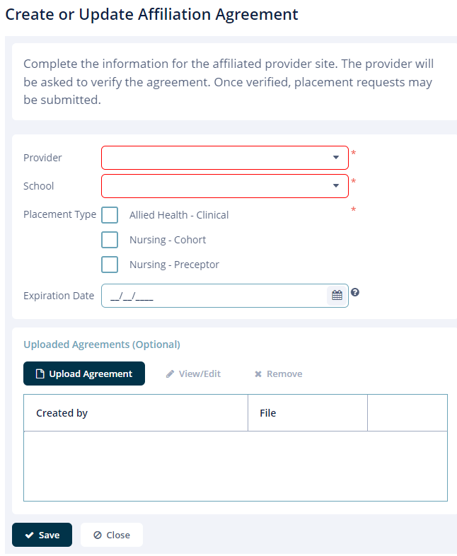Form to create or update affiliation agreement