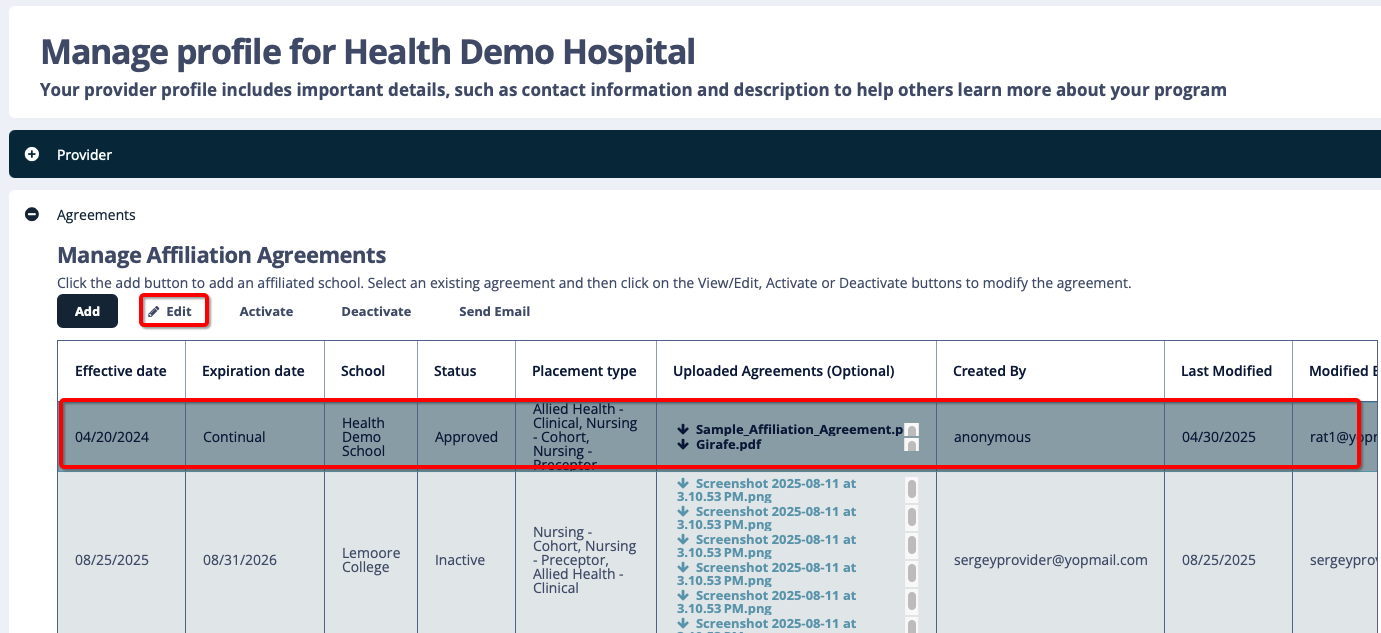 Manage profile for hospital screen with edit and school highlighted