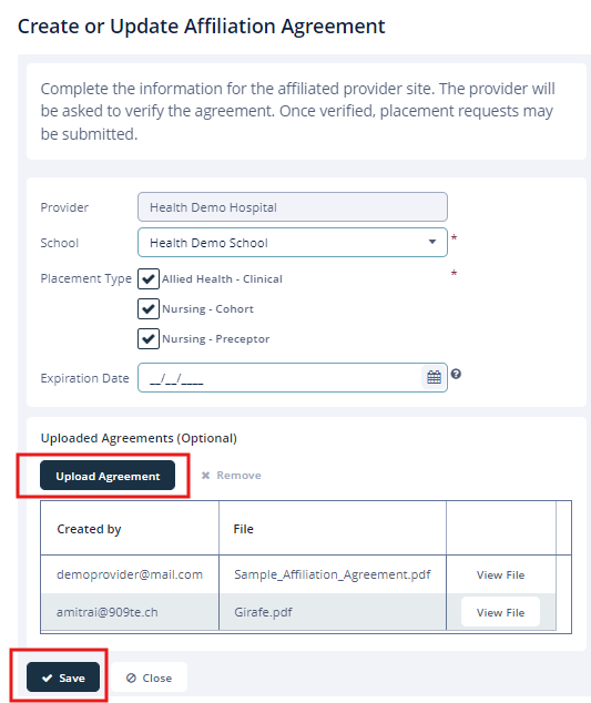 Create or Update Affiliation Agreement pop-up screen