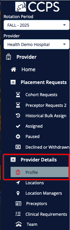 Screen navigation with Provide Profile highlighted