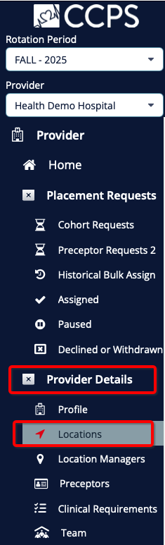 Menu screen with Location selected