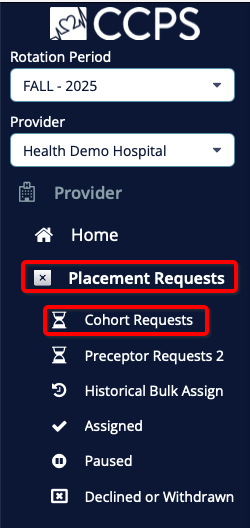 Menu screen with Cohort Requests selected