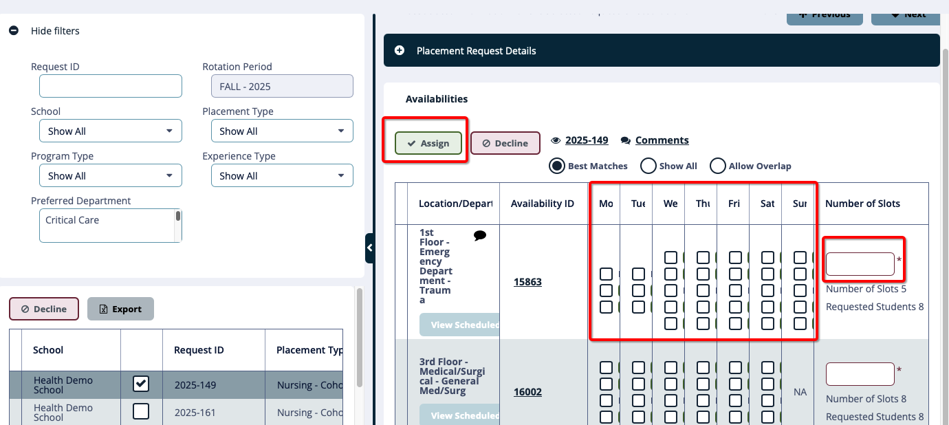 Placement details screen with Availability details selected