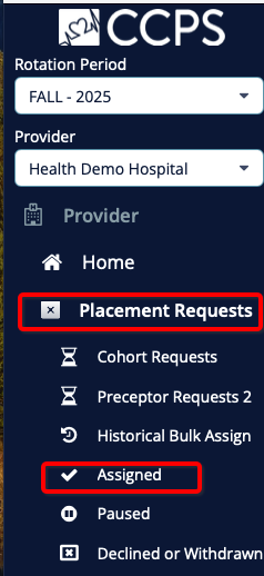 Left-hand menu with Placement Requests and Assigned highlighted.