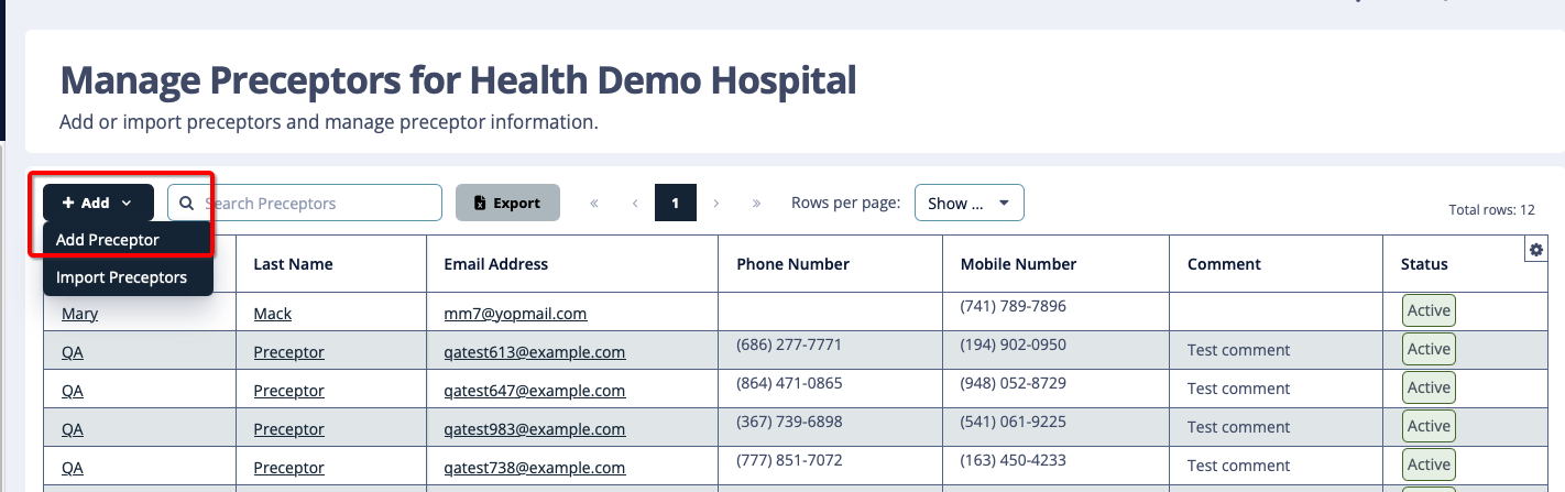 Manage preceptors screen with Add Preceptor selected