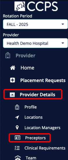Lef-hand menu screen with Provider Details and Preceptors selected