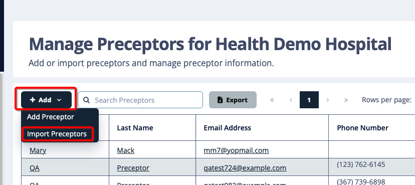 Manage preceptors screen with Import Preceptors selected