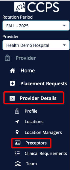 Left-side menu with Preceptors selected