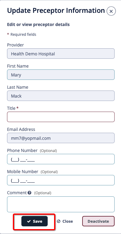 Update preceptor information pop-up screen 