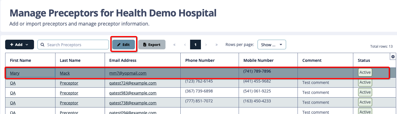Manage preceptors screen with Edit selected