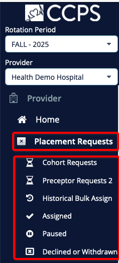 Menu screen with placement request types selected
