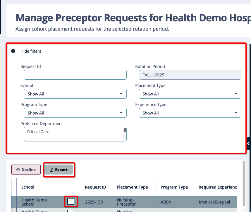 Filter view for manage preceptor requests with export selected