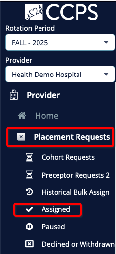 Menu with placement requests and assigned placement requests selected