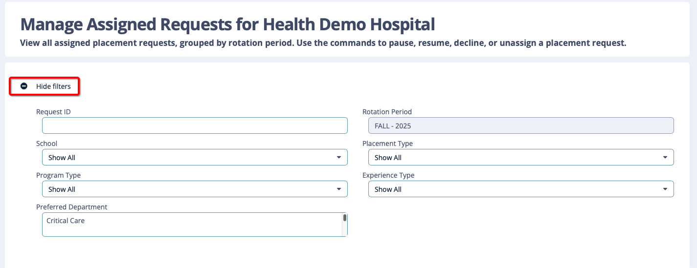 Manage assigned requests screen with filter selected