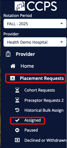 Menu screen with Placement Requests and Assigned selected