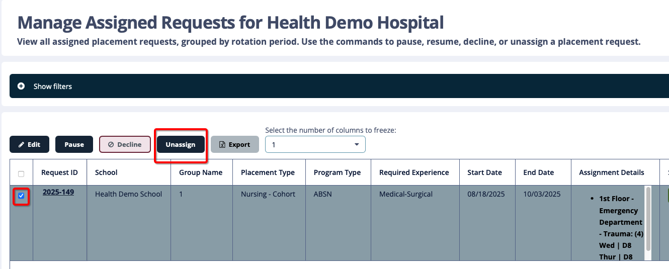 Manage assigned request screen with Unassign selected