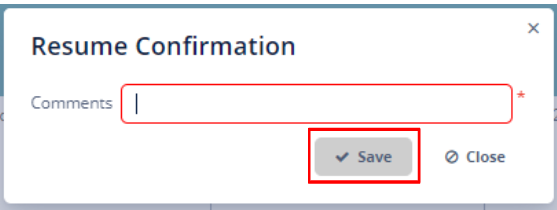 Resume confirmation pop-up screen with save selected