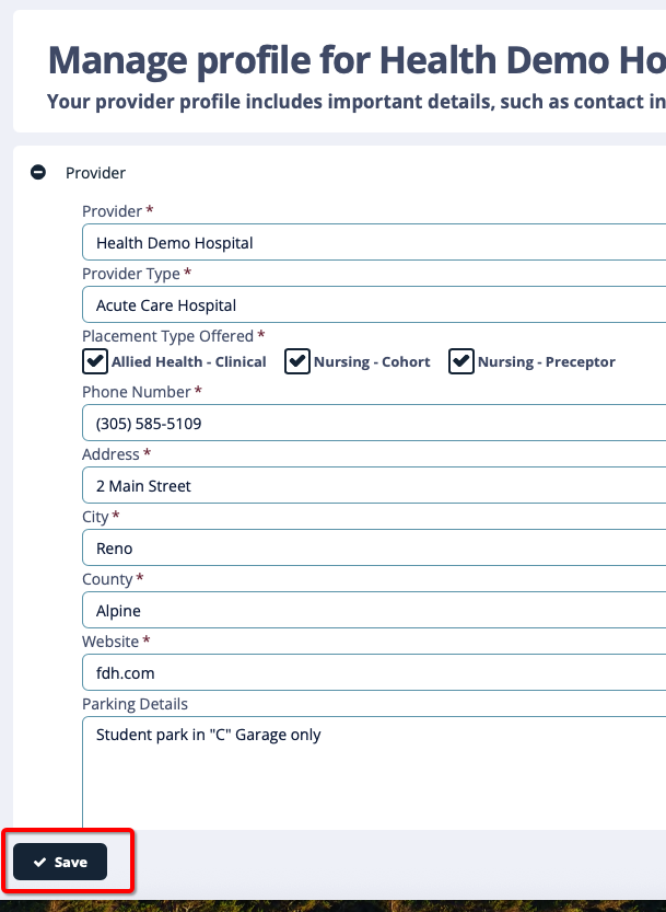 Manage provider profile screen