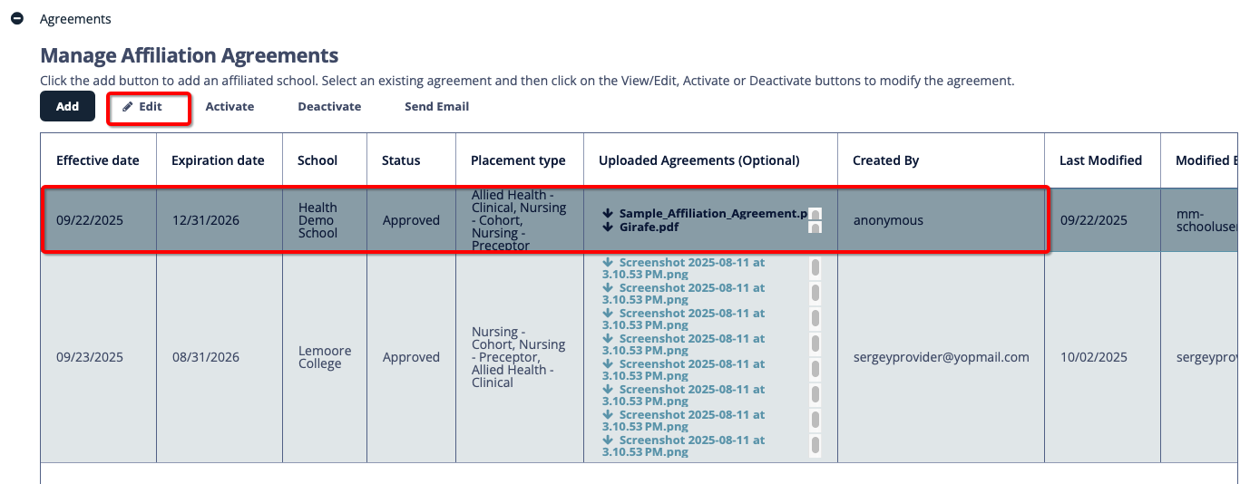 Manage agreements screen with an agreement selected and Edit highlighted