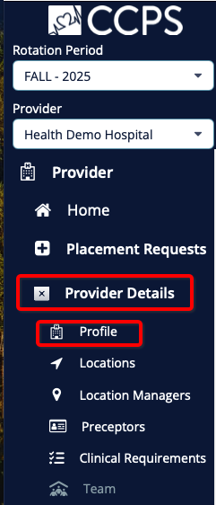 Menu screen with Profile selected