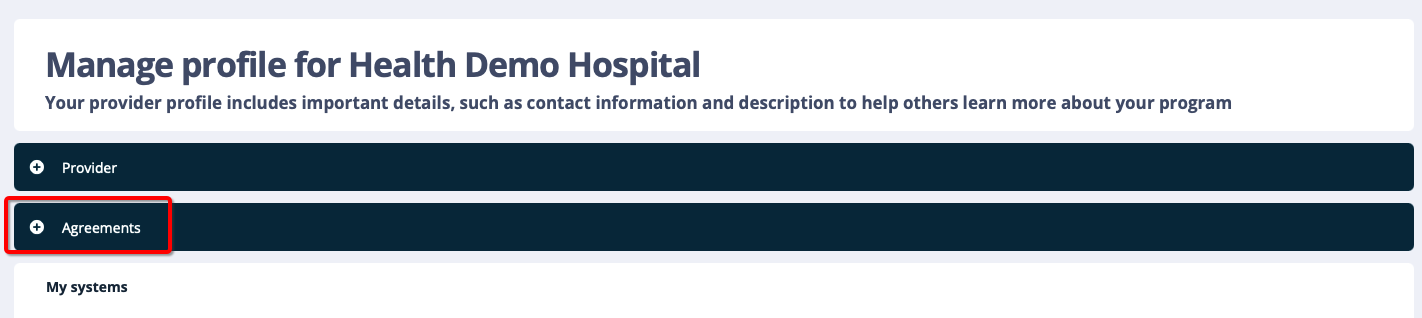 Manage provider profile screen with Agreements selected