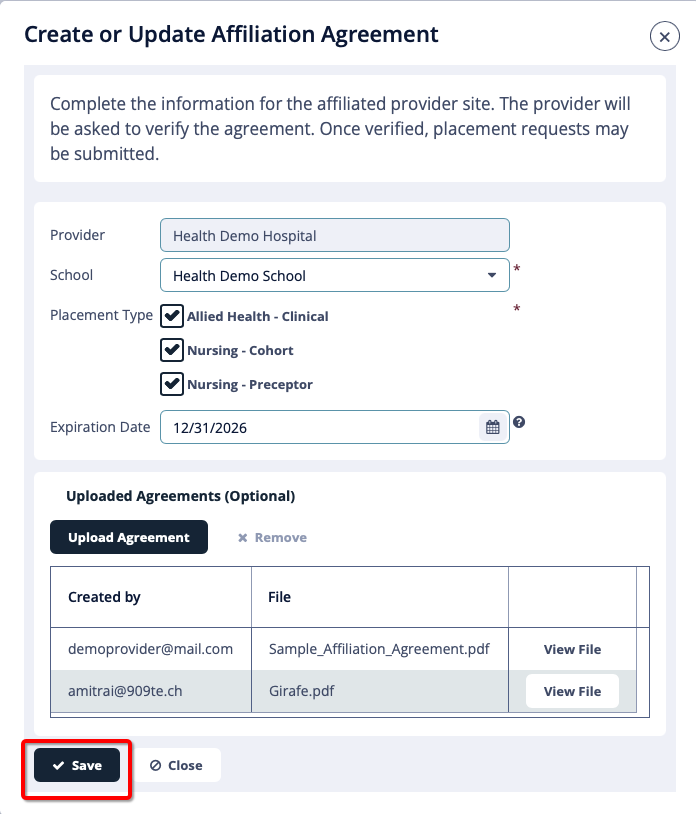 Create or Update affiliation agreement pop-up screen