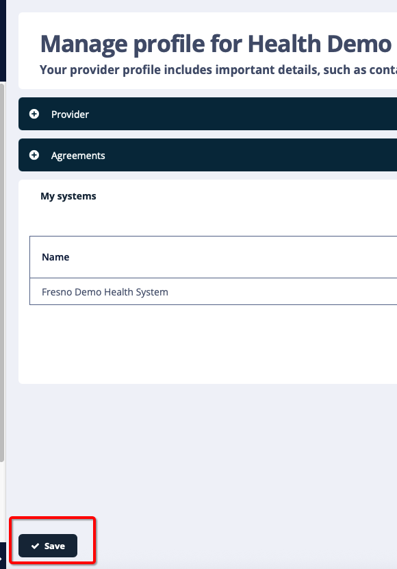 Manage provider profile page with Save selected