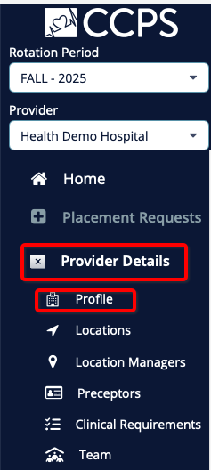 Menu with Provider Details and Profile selected