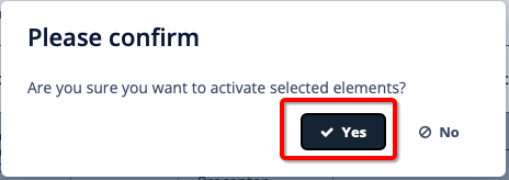 Confirmation screen with Yes selected