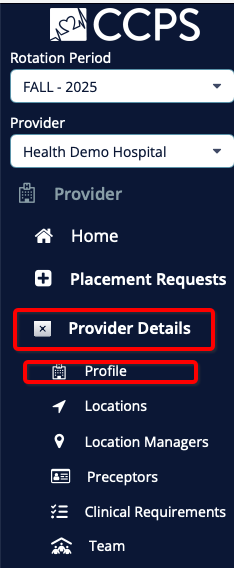 Menu with Provider details and profile selected