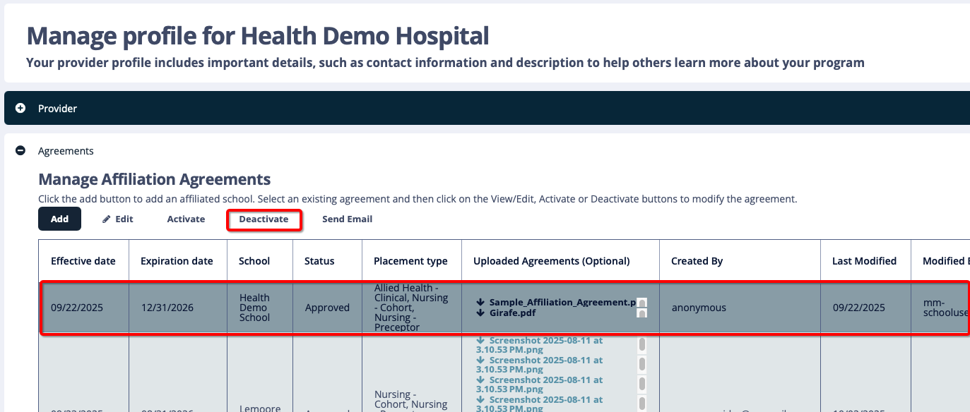 Manage profile screen with Deactivate selected