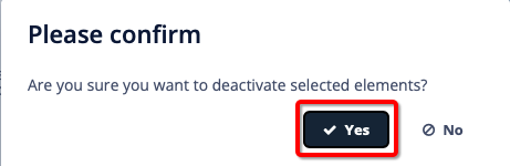 Confirmation pop-up screen with Yes selected