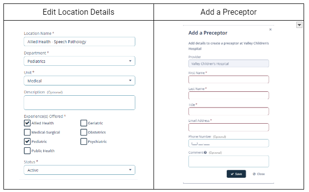 Two columns showing the Edit Location Details and Add a Preceptor tables