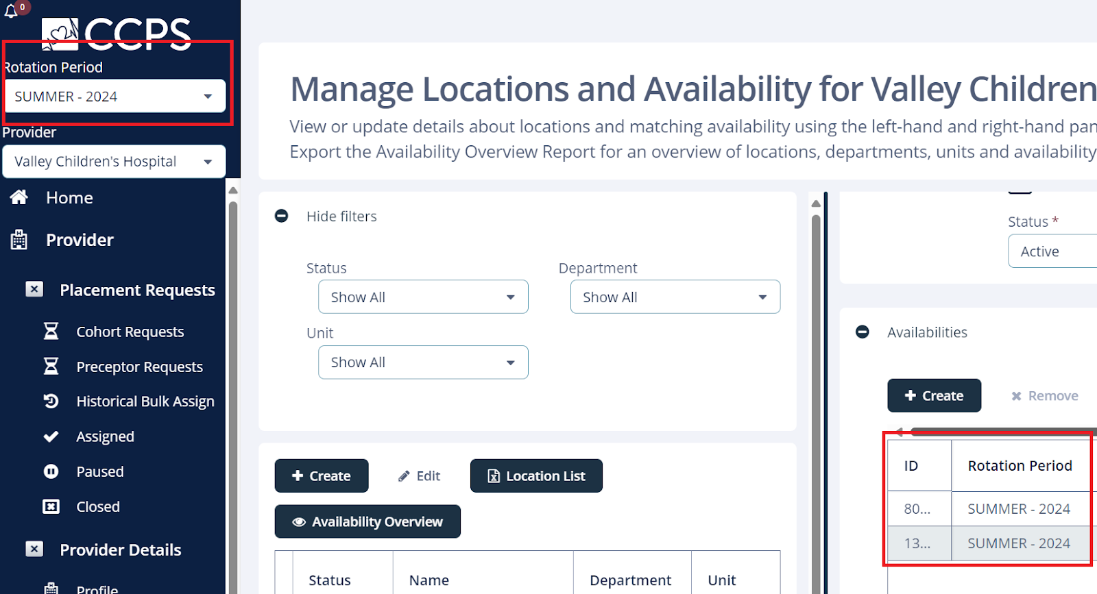 Manage Locations and Availability options for Rotation Period