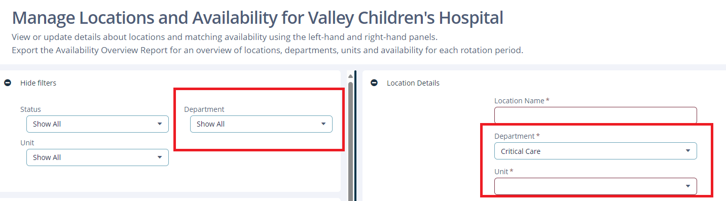 Manage Locations and Availability screens with new panels
