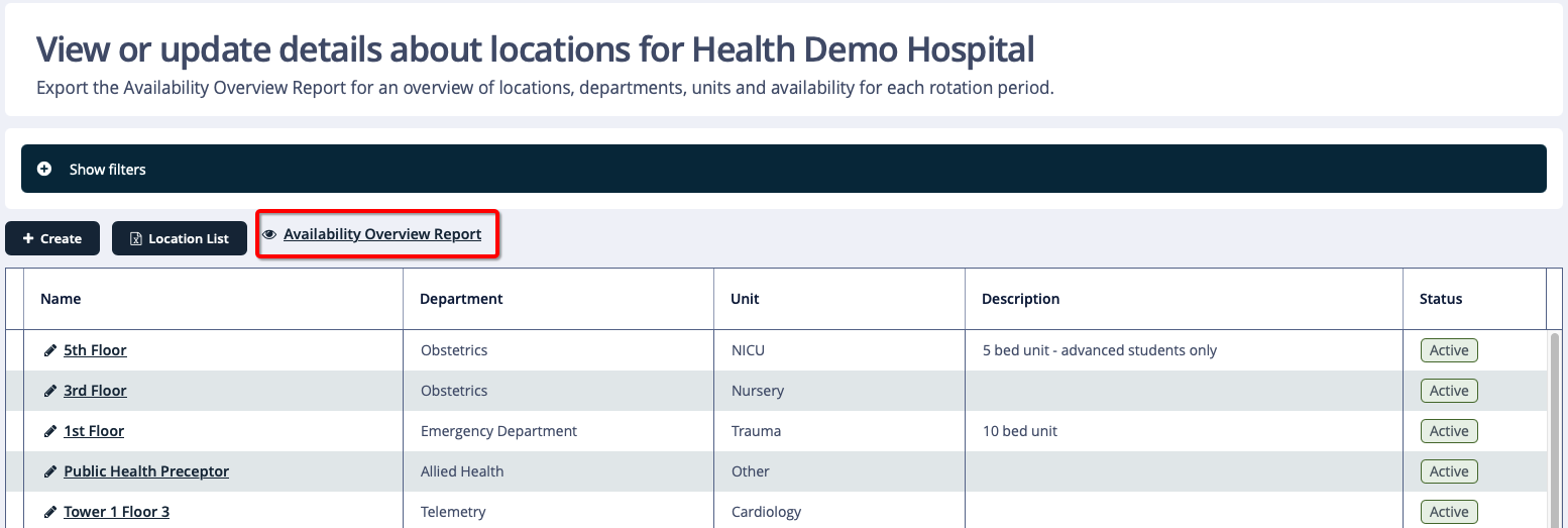 Screen showing link for the Availability Report