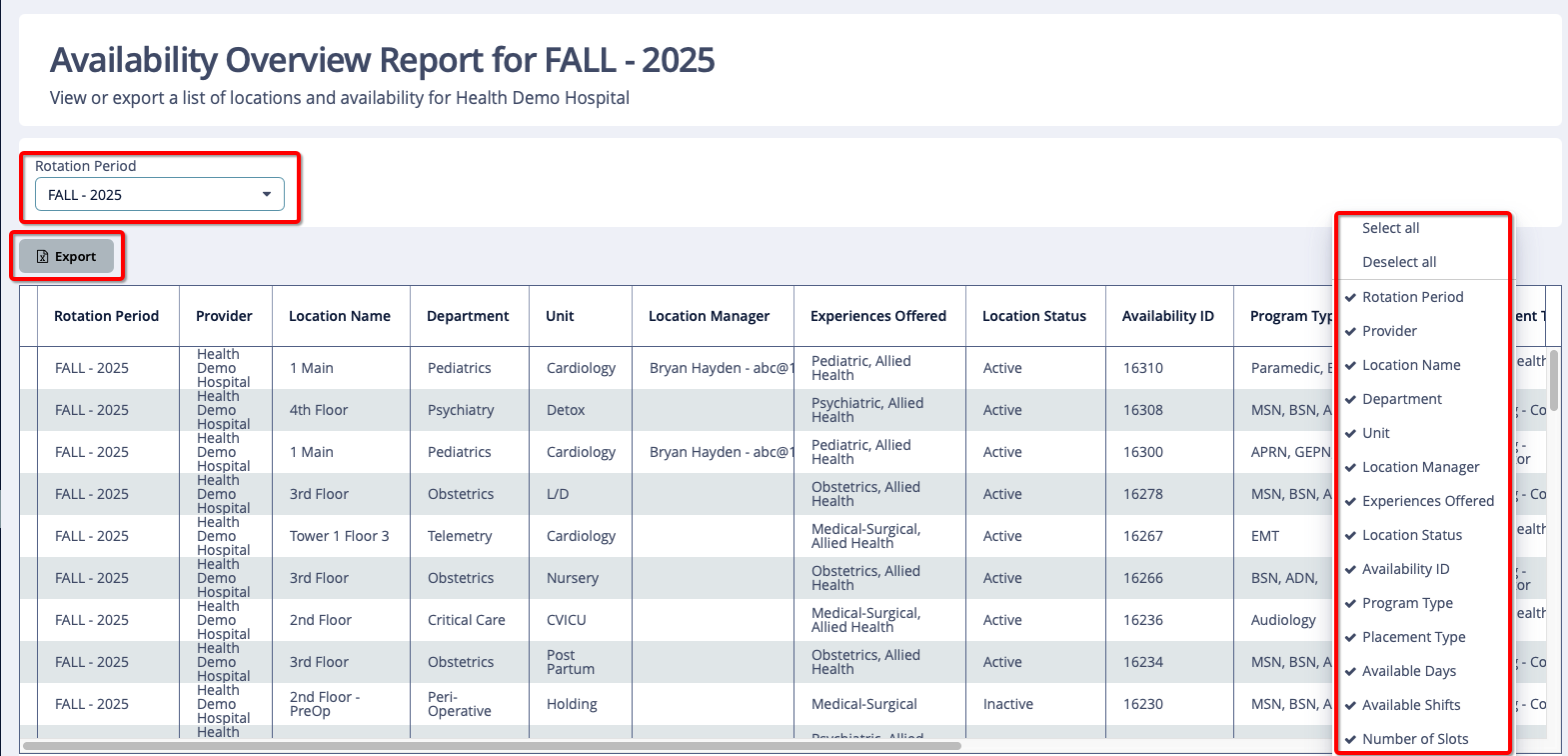 Screen showing different ways to filter on Availability Report