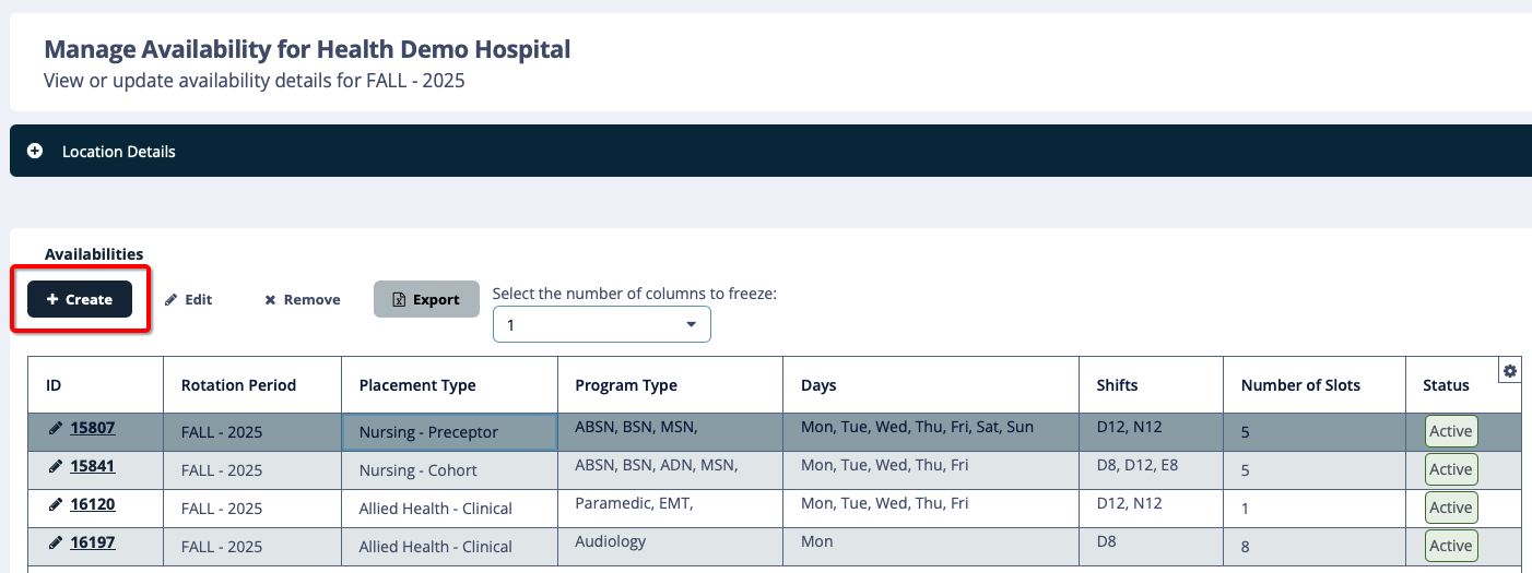 Manage availability screen with Create selected