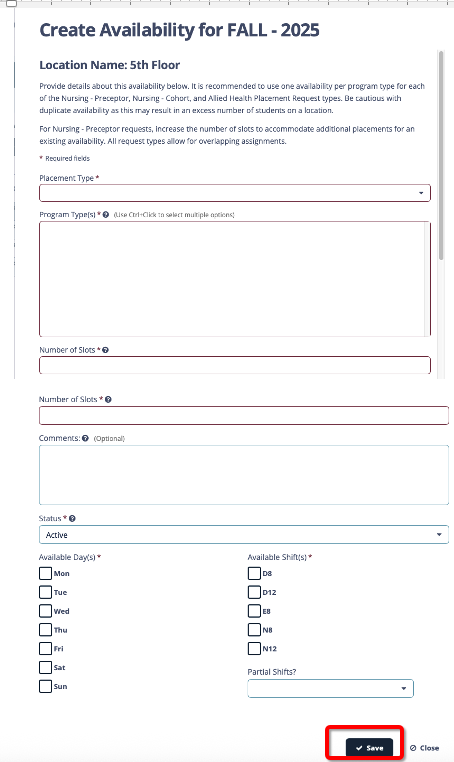 Create availability pop-up form