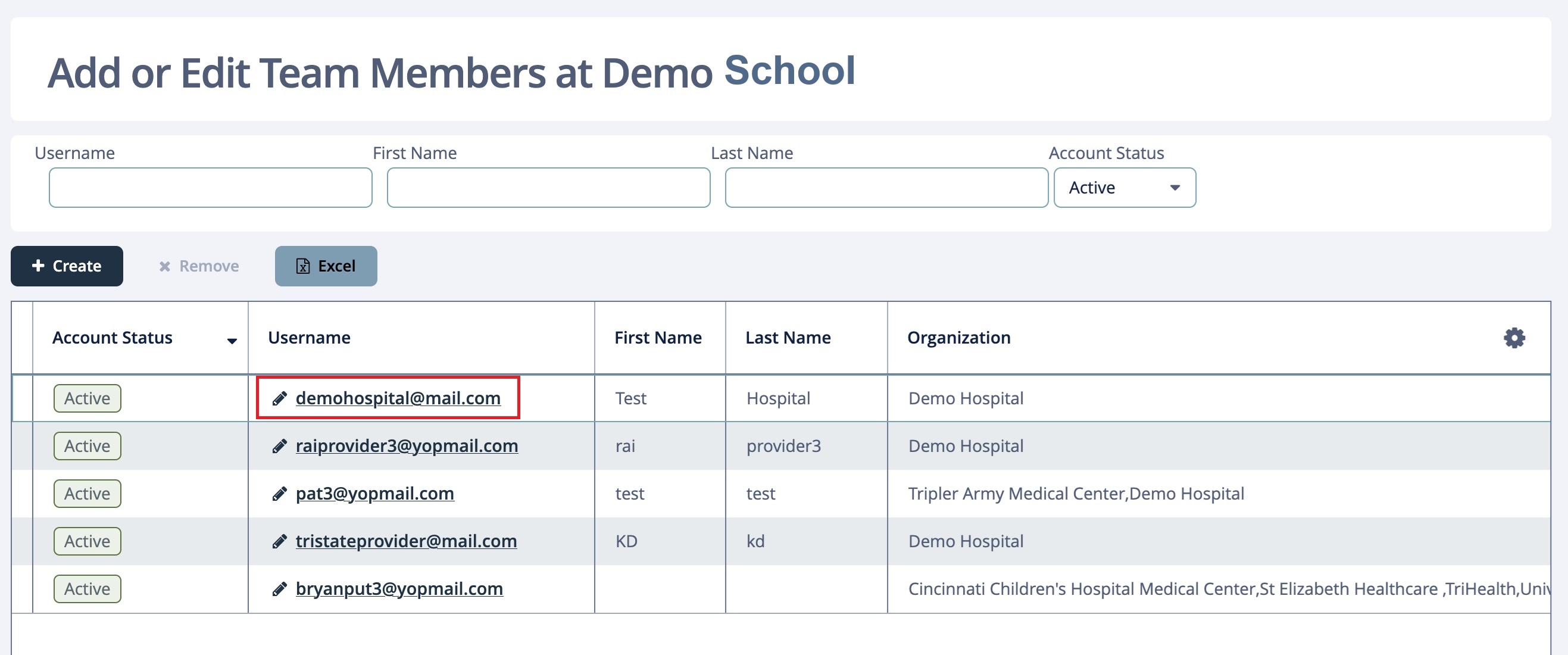 Add or Edit Team Members page with list of users