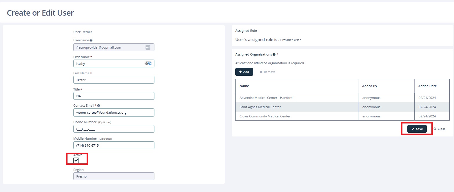 User Details page with fields for user information including a checkbox labeled Active